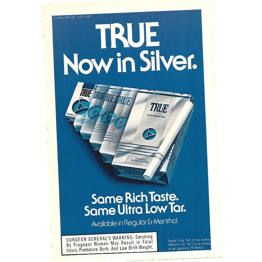 TRUE Silver Menthol Cigarette Ads 1980s Vintage Print Ad